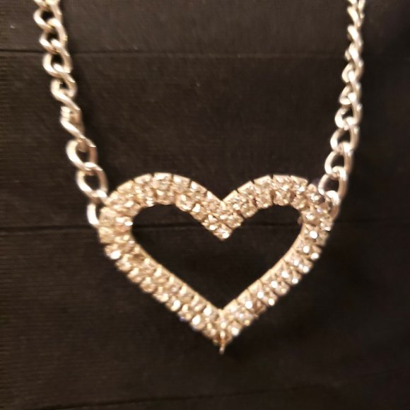 SOLD Statement Heart Rhinestone Open Pendant Silvertone Necklace - Picture 3 of 7